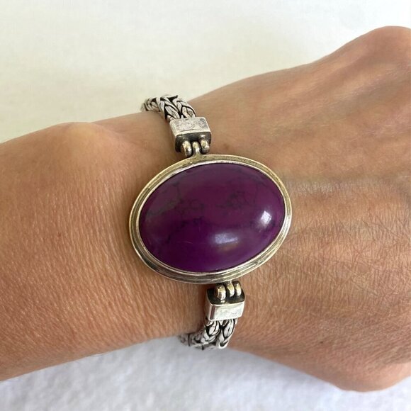 Sterling Silver 925 Purple Stone Dyed Howlite Chunky Byzantine Chain Bracelet - Picture 1 of 16